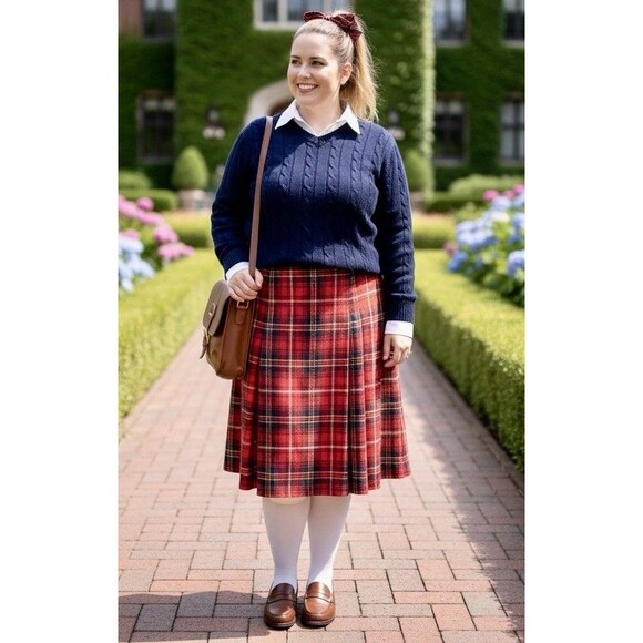 Maggie McNaughton Vintage Wool Blend Red Plaid Preppy Pleated Skirt Sz 22W - Picture 2 of 7